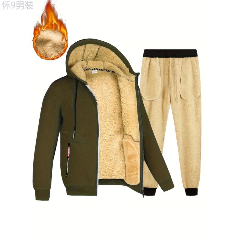 2pcs Fleece Lined Thermal Men's Warm Sets, Hooded Zip-up Jacket And Pants Sets For Casual Winter And Fall Outfit Clothing Fabric