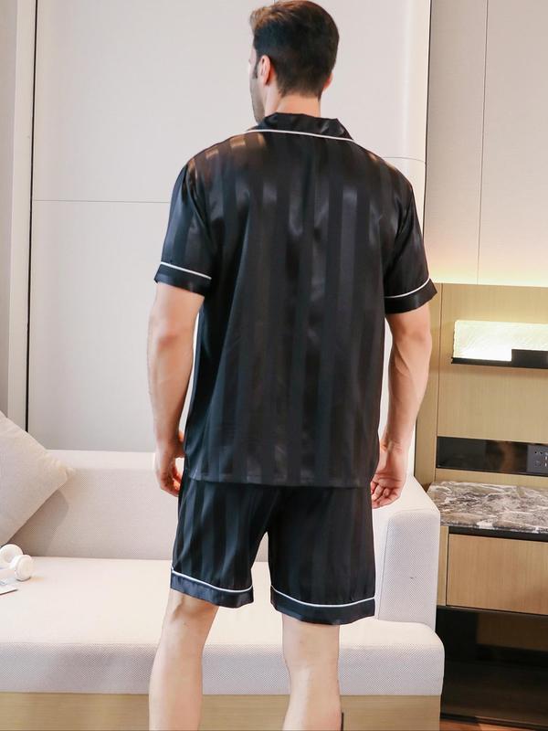 Three-Piece Set Men's All Over Print Button Front Pyjamas Set, Casual Pocket Shirt & Elastic Waist Pants & Contrast Binding Shorts, Men's Sleepwear Set for Summer