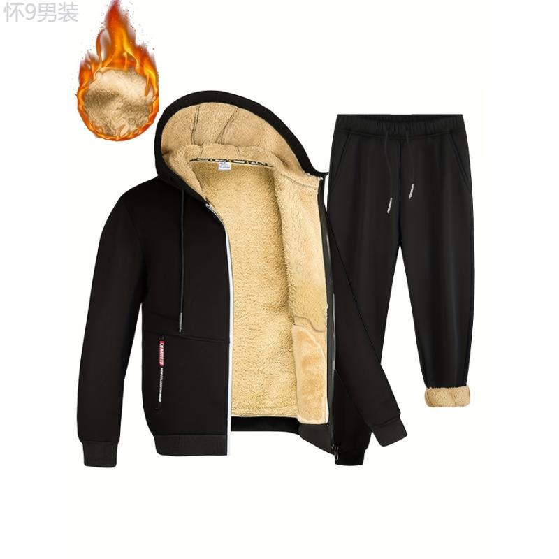 2pcs Fleece Lined Thermal Men's Warm Sets, Hooded Zip-up Jacket And Pants Sets For Casual Winter And Fall Outfit Clothing Fabric