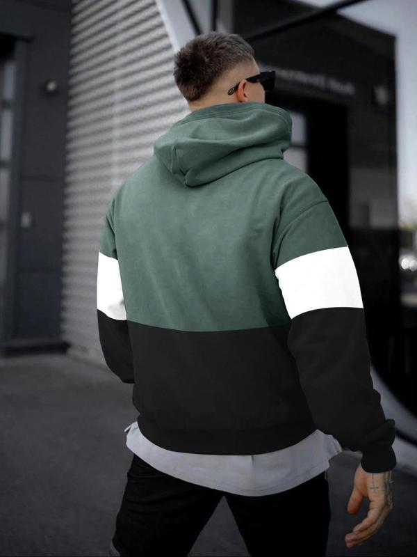 Men's Colorblock Letter Print Drop Shoulder Hoodie, Fashion Casual Regular Fit Pocket Drawstring Hooded Sweatshirt for Daily Holiday Outdoor Wear, Men Clothes for All Seasons