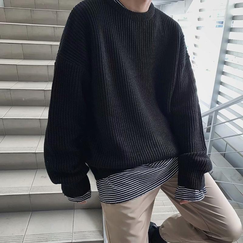 Inner Wear Base Knitwear Solid Color round Neck Sweater Loose All-Matching Thickened Trendy Sweater Men's Coat