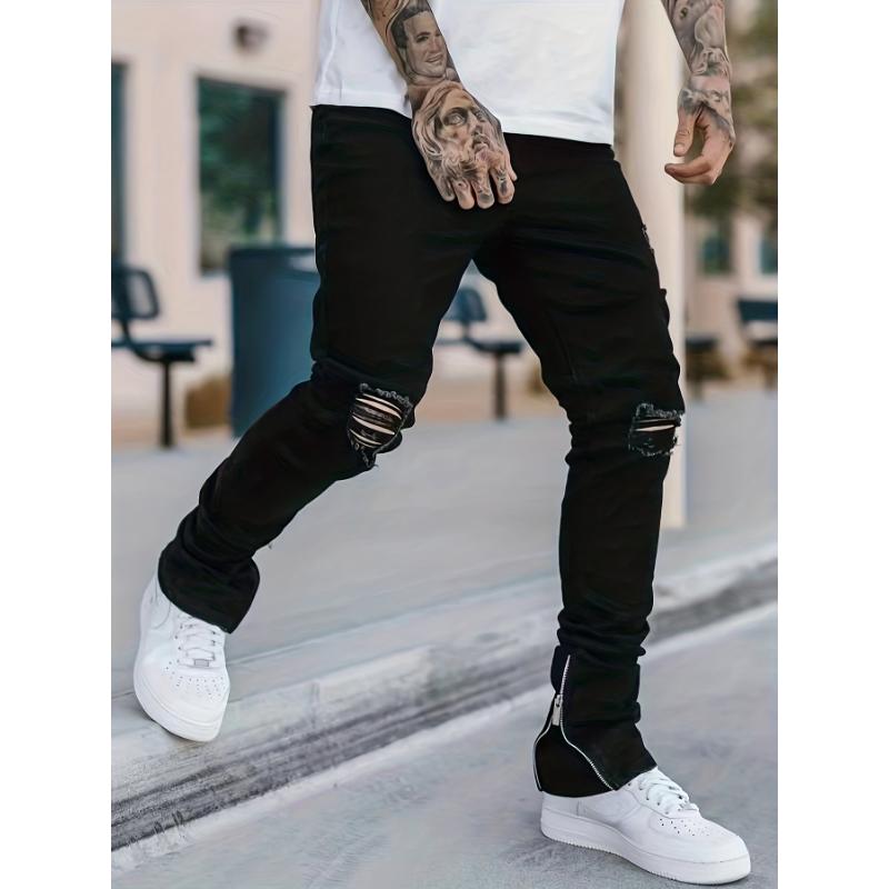 Mens Fashionable Slim Fit Ripped Jeans - Stylish Distressed Detail, Stretch Denim Comfort, Casual Street Style Pants for Everyday Wear