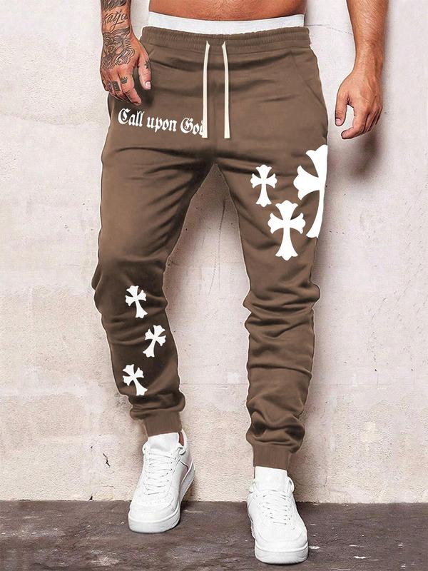 Men's Letter & Cross Print Drawstring Waist Sweatpants, Casual Street Pocket Elastic Waist Jogger Pants for Daily Wear, Mens Bottoms for All Seasons