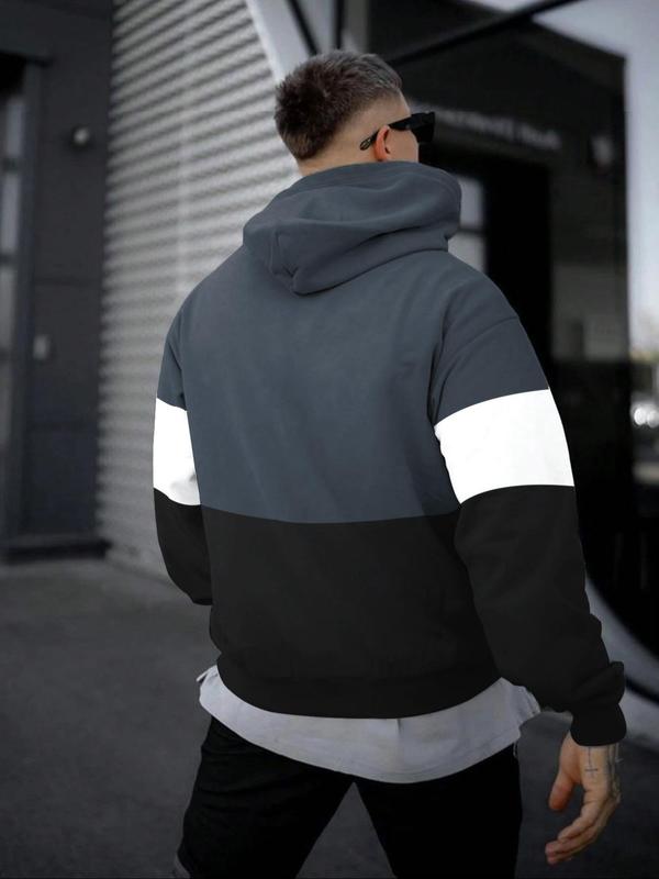 Men's Colorblock Letter Print Drop Shoulder Hoodie, Fashion Casual Regular Fit Pocket Drawstring Hooded Sweatshirt for Daily Holiday Outdoor Wear, Men Clothes for All Seasons