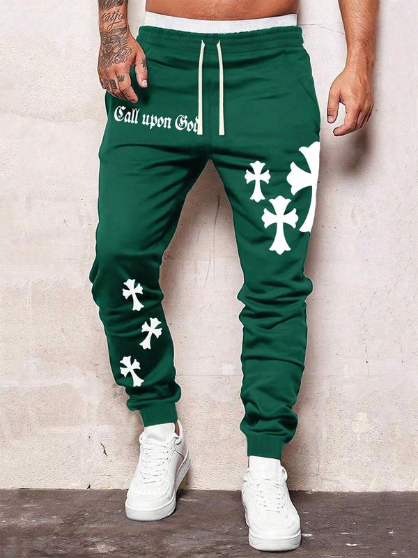 Men's Letter & Cross Print Drawstring Waist Sweatpants, Casual Street Pocket Elastic Waist Jogger Pants for Daily Wear, Mens Bottoms for All Seasons