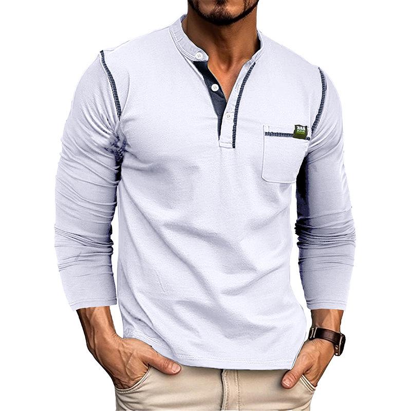 2024 European And American Trendy Men's T-shirts, Outdoor Long-sleeved Henley Shirts, Fashionable And Casual Color-blocked Knitted T-shirts