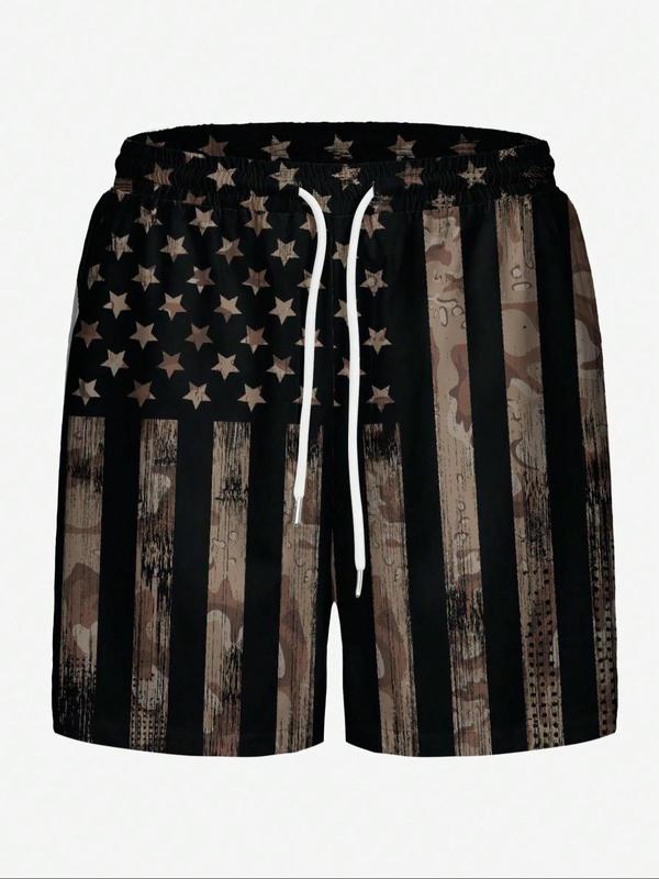 Men's Flag Print Drawstring Waist Shorts, Regular Fit Casual Elastic Waist Slant Pocket Shorts for All Seasons, Fashion Men's Bottoms for Daily Wear