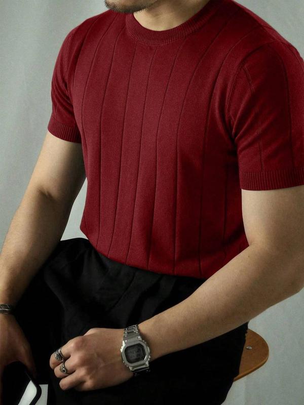 Men's Solid Round Neck Knit Top, Regular Fit Casual Fashion Short Sleeve Knitwear for Summer, Men's Knit Clothing for Daily Wear