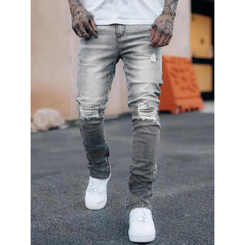 Mens Fashionable Slim Fit Ripped Jeans - Stylish Distressed Detail, Stretch Denim Comfort, Casual Street Style Pants for Everyday Wear