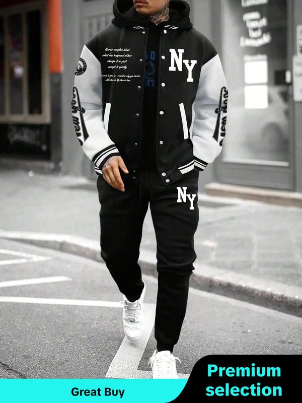 Two-piece Set Men's Colorblock Letter Print Button Front Jacket & Drawstring Waist Sweatpants, Fall Outfits, Regular Fit Casual Long Sleeve Outerwear & Pocket Jogger Pants for Daily Wear, Outfit Sets for Menswear, Men's Clothing for Fall