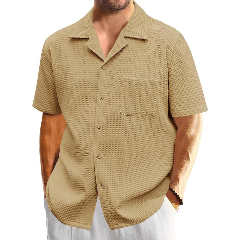 Runcati summer outfits 2024  Mens Waffle Button Down Shirt Short Sleeve Loose Fit Cuban Summer Beach Plain Tops