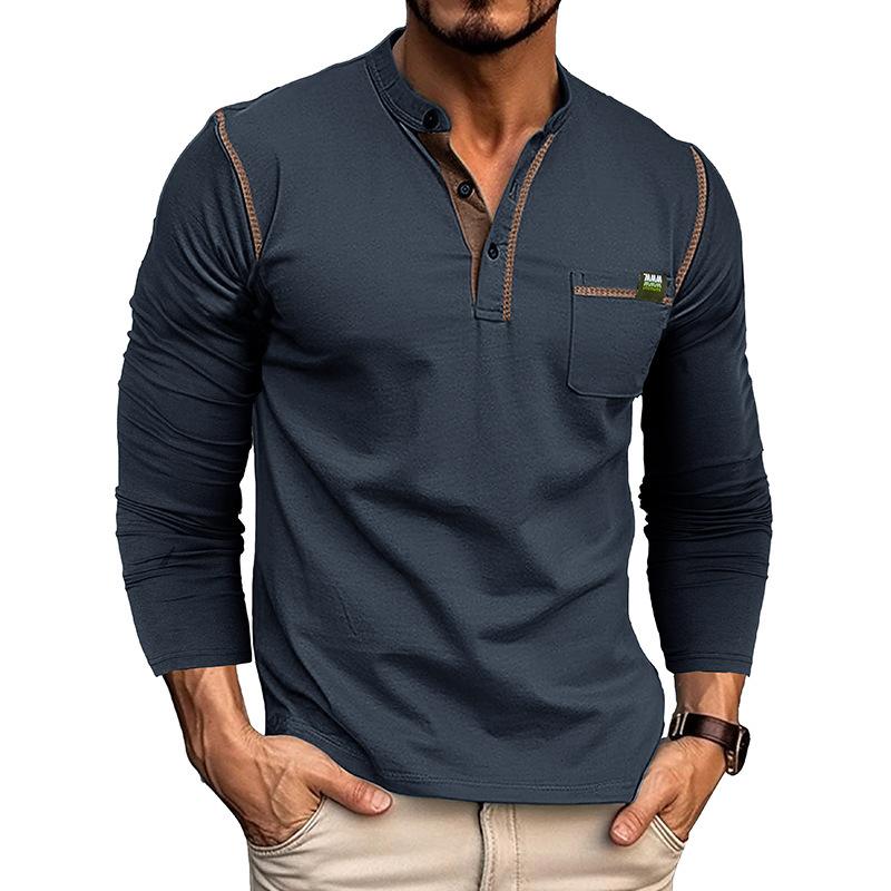 2024 European And American Trendy Men's T-shirts, Outdoor Long-sleeved Henley Shirts, Fashionable And Casual Color-blocked Knitted T-shirts