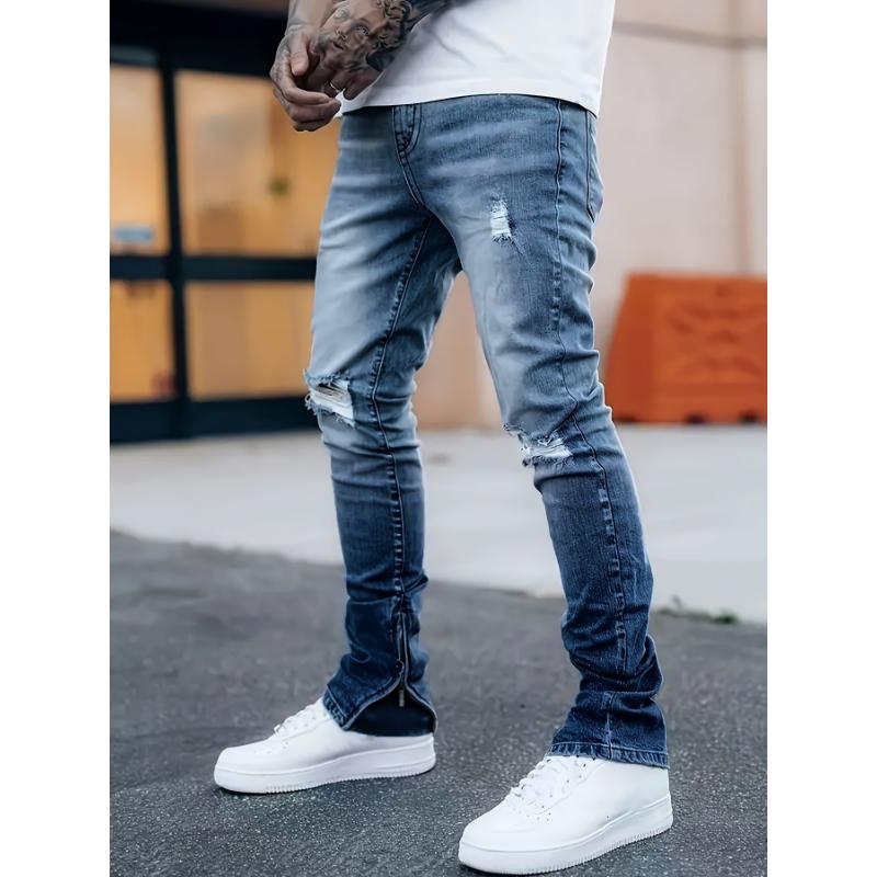 Mens Fashionable Slim Fit Ripped Jeans - Stylish Distressed Detail, Stretch Denim Comfort, Casual Street Style Pants for Everyday Wear