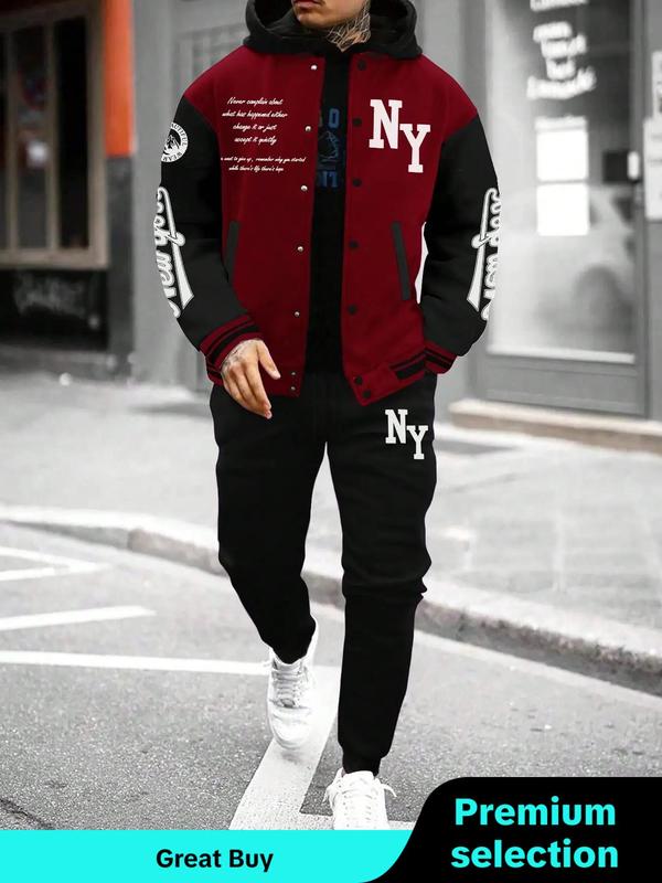 Two-piece Set Men's Colorblock Letter Print Button Front Jacket & Drawstring Waist Sweatpants, Fall Outfits, Regular Fit Casual Long Sleeve Outerwear & Pocket Jogger Pants for Daily Wear, Outfit Sets for Menswear, Men's Clothing for Fall