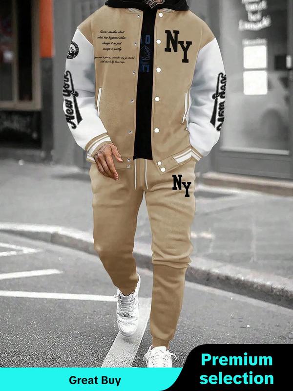 Two-piece Set Men's Colorblock Letter Print Button Front Jacket & Drawstring Waist Sweatpants, Fall Outfits, Regular Fit Casual Long Sleeve Outerwear & Pocket Jogger Pants for Daily Wear, Outfit Sets for Menswear, Men's Clothing for Fall