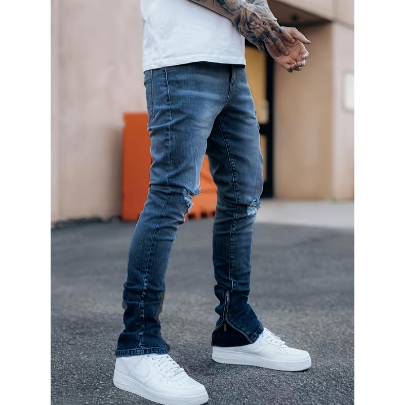 Mens Fashionable Slim Fit Ripped Jeans - Stylish Distressed Detail, Stretch Denim Comfort, Casual Street Style Pants for Everyday Wear