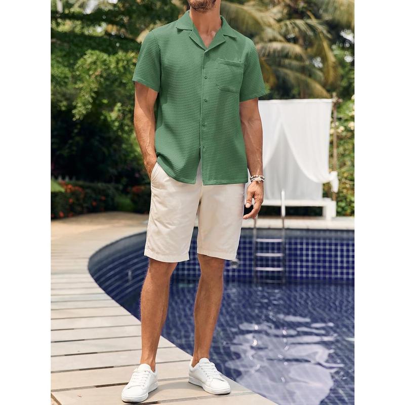 Runcati summer outfits 2024  Mens Waffle Button Down Shirt Short Sleeve Loose Fit Cuban Summer Beach Plain Tops