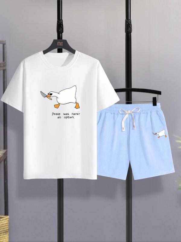 Two-Piece Set Men's Cartoon Duck & Letter Print Tee & Drawstring Pocket Shorts Set, Casual Fashion Cozy Breathable Two-piece Outfits, Men's Clothes for Summer