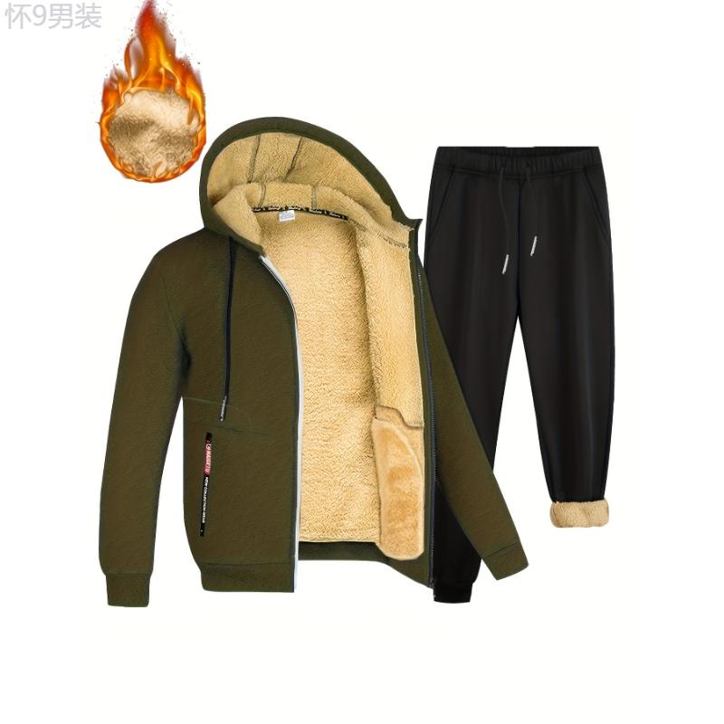 2pcs Fleece Lined Thermal Men's Warm Sets, Hooded Zip-up Jacket And Pants Sets For Casual Winter And Fall Outfit Clothing Fabric