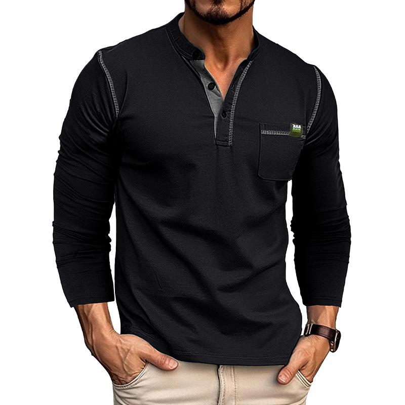 2024 European And American Trendy Men's T-shirts, Outdoor Long-sleeved Henley Shirts, Fashionable And Casual Color-blocked Knitted T-shirts