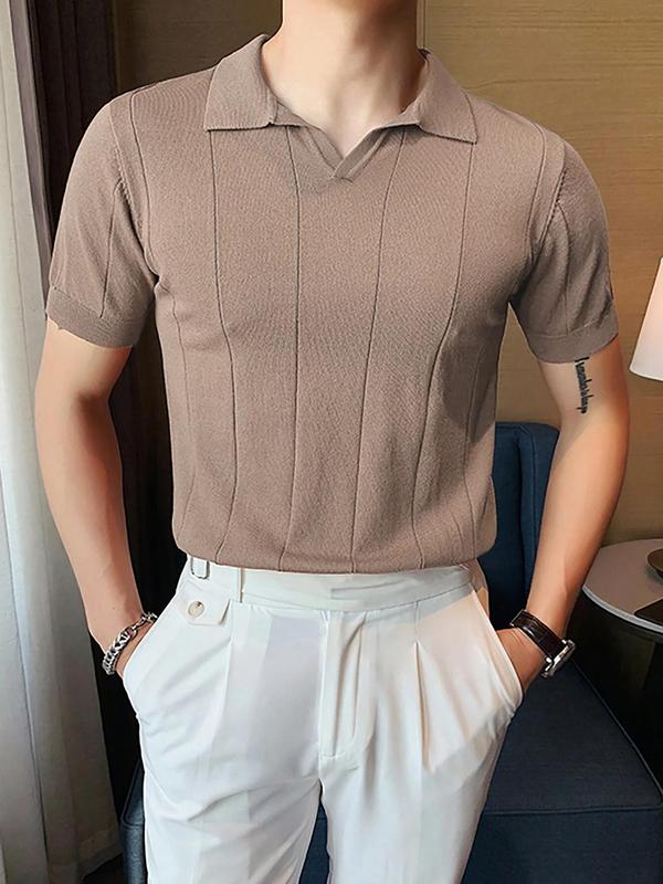 Men's Solid Thin Knit Top, Summer Clothes, Streetwear Short Sleeve Knitted Polo Shirt, Summer Casual Tops, Black T-shirt for Men, Classic Fit Men's Clothing for Business Casual Daily Wear