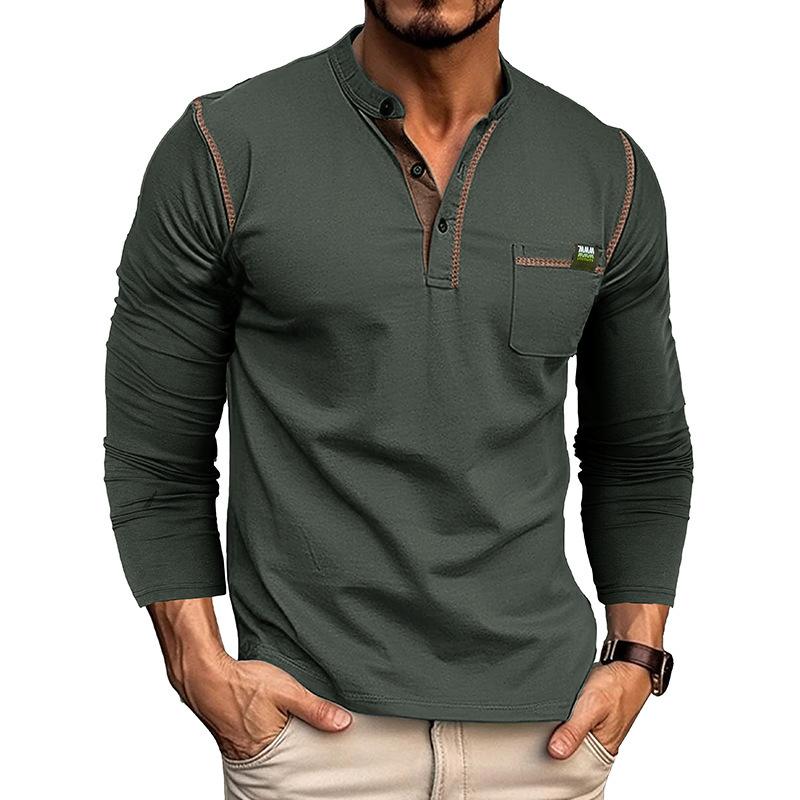 2024 European And American Trendy Men's T-shirts, Outdoor Long-sleeved Henley Shirts, Fashionable And Casual Color-blocked Knitted T-shirts