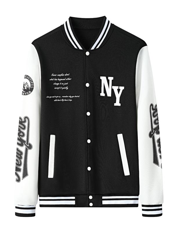 Men's Letter Print Colorblock Baseball Jacket & Drawstring Waist Pants Two-piece Set, Regular Fit Casual Button Front Long Sleeve Outerwear & Pocket Sweatpants, Men's Fall & Winter Clothes