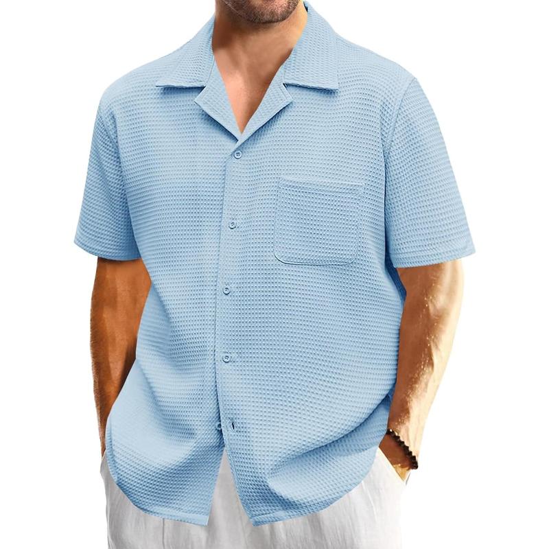 Runcati summer outfits 2024  Mens Waffle Button Down Shirt Short Sleeve Loose Fit Cuban Summer Beach Plain Tops