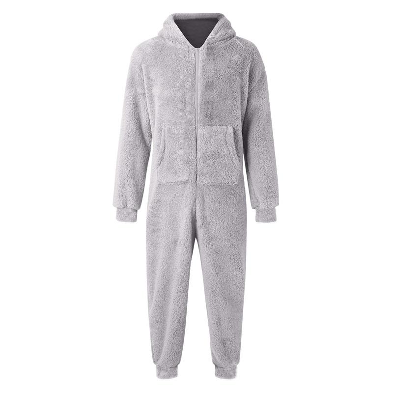 Men s Hooded Pajamas Fleece Solid Color Zipper Front Full Length Jumpsuit Sleepwear for Winter Fall