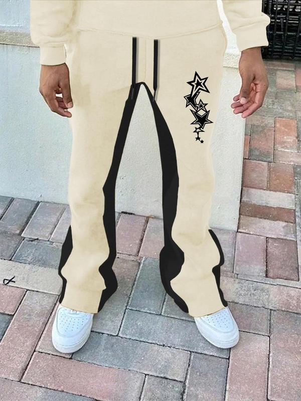 Men's Colorblock Star Patchwork Drawstring Waist Flare Leg Pants, Casual Street Pocket Trousers for Daily Wear, Fashion Men's Bottoms for All Seasons