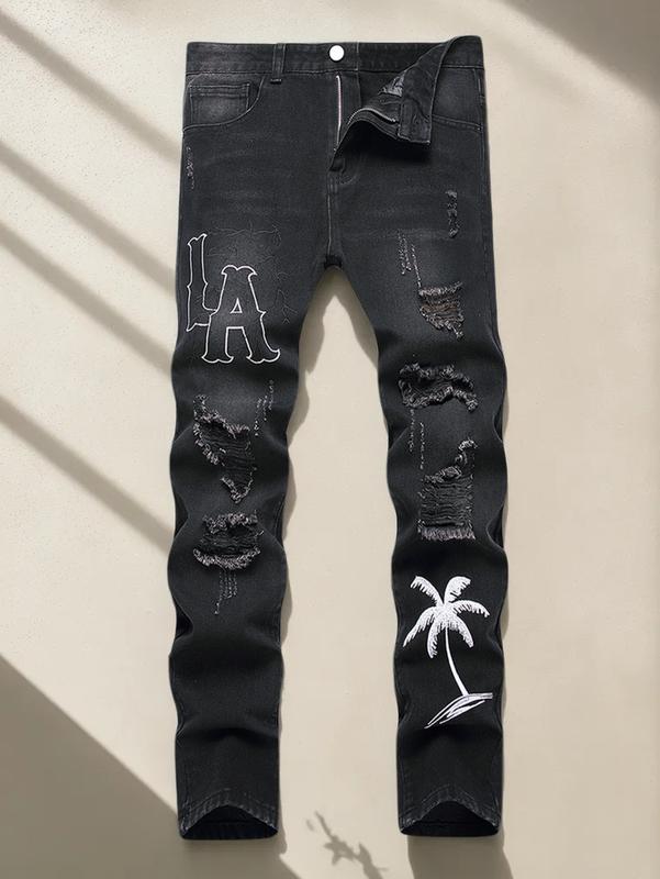 Men's slim fit letters and palm tree embroidery ripped skinny jeans for men Casual Cotton