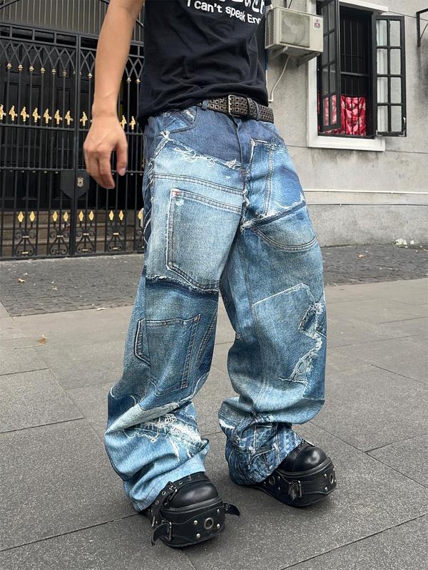 Men's Denim-effect Print Pocket Button Straight Leg Pants, Loose Street Fashion Casual Pants for Daily Wear, Men's Bottoms for All Seasons