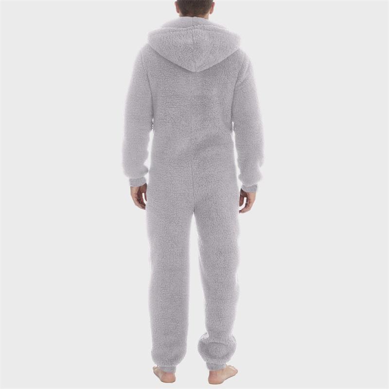 Men s Hooded Pajamas Fleece Solid Color Zipper Front Full Length Jumpsuit Sleepwear for Winter Fall