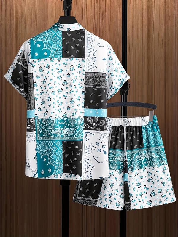 2 Piece Set Men's Paisley Print Co-ord Set, Regular Fit Boho Short Sleeve Button Front Shirt & Drawstring Waist Shorts Set, Summer Clothes Sets