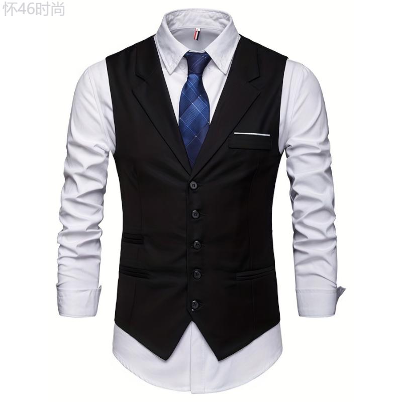 V Neck Smart Suit Vest, Men's Casual Retro Style Solid Color Single Breasted Waistcoat For Spring Fall Dinner Suit Match Collar Menswear