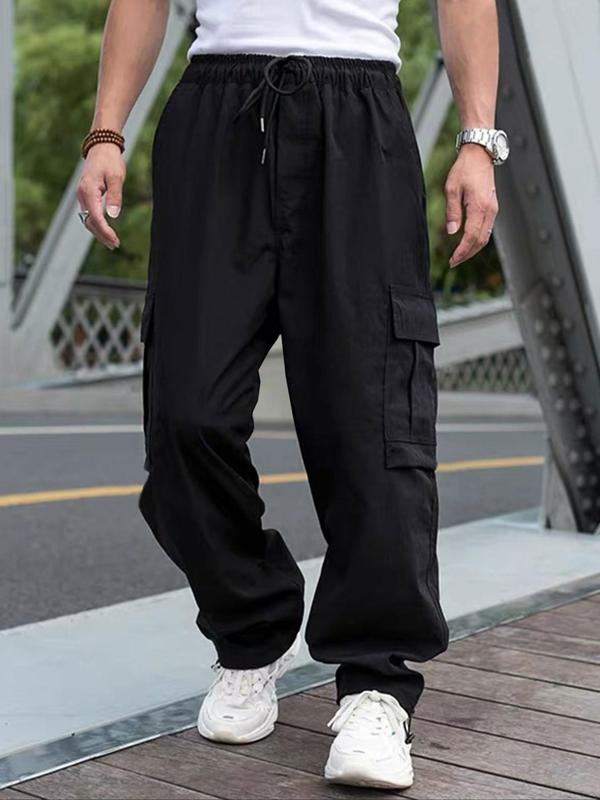 Men's Solid Pocket Drawstring Cargo Pants, Regular Fit Casual Street Fashion Trousers for Daily Wear, Men's Bottoms for All Seasons