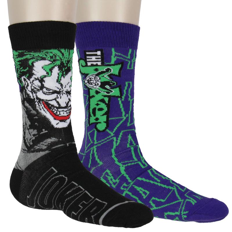 DC Comics Men's The Joker Inspired Designs 2-Pack Adult Novelty Mid-Calf Crew Socks Fits Shoe Sizes 8-12