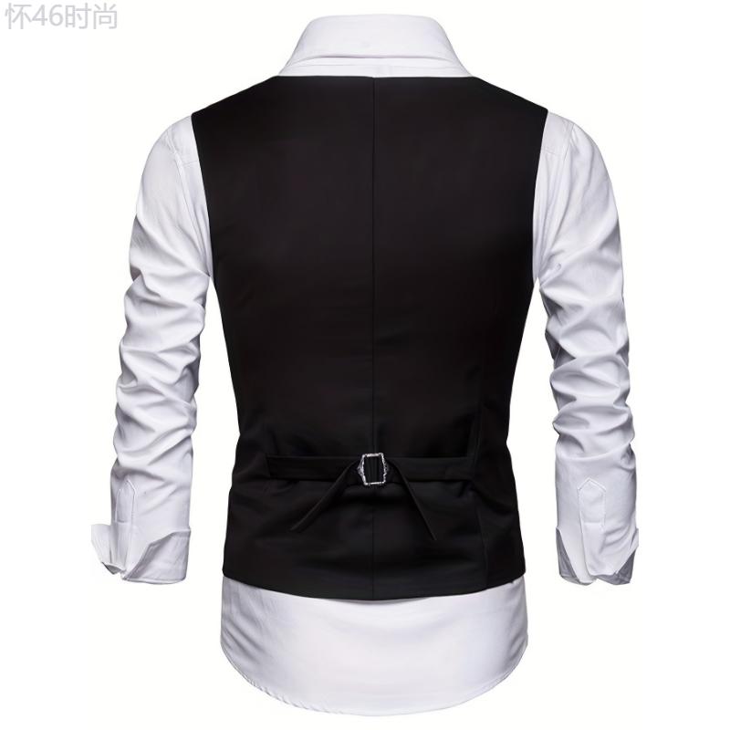 V Neck Smart Suit Vest, Men's Casual Retro Style Solid Color Single Breasted Waistcoat For Spring Fall Dinner Suit Match Collar Menswear