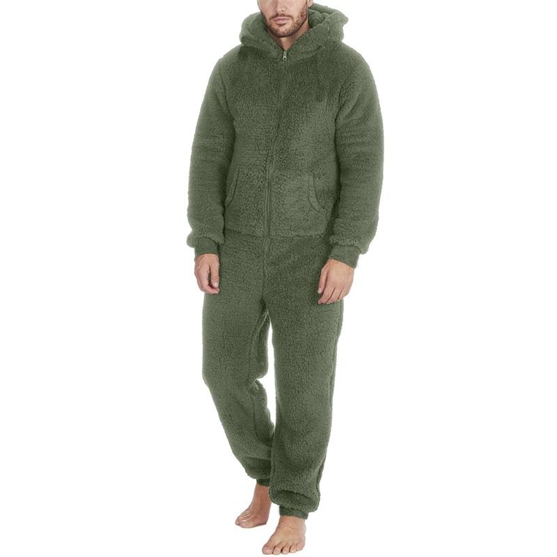 Men s Hooded Pajamas Fleece Solid Color Zipper Front Full Length Jumpsuit Sleepwear for Winter Fall