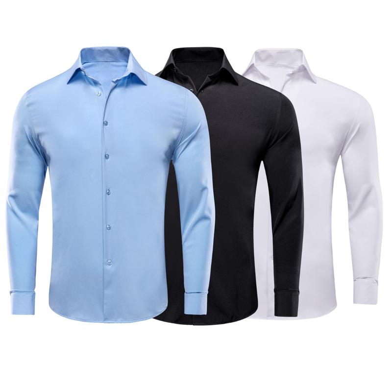 Mens Dress Shirt - 3pcs Pack Classic Black White Sky Blue Longsleeves Shirt Business Interview Outfit Collar Casual Menswear Men's Long long sleeve