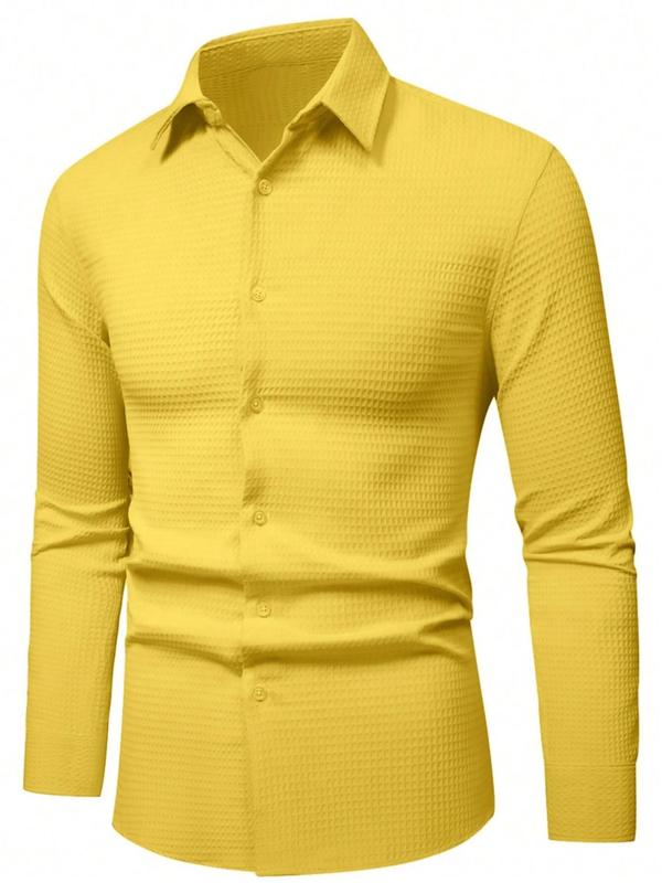 Men's Solid Waffle Long Sleeve Button Front Shirt, Regular Fit Casual Comfy Collared Top for Fall & Winter, Men's Clothes for Daily Wear