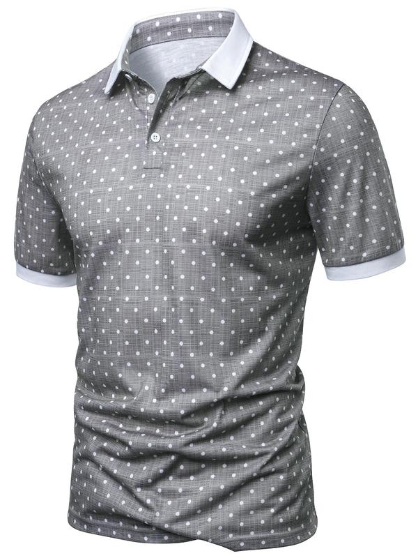 Men's Regular Fit Polka Dot Print Contrast Binding Polo Shirt, Polo Shirts Men, Casual Short Sleeve Button Front Top for Spring & Fall, Fashion Men's Streetwear Clothes for Daily Wear,  Polo Tees,  Polo Clothes