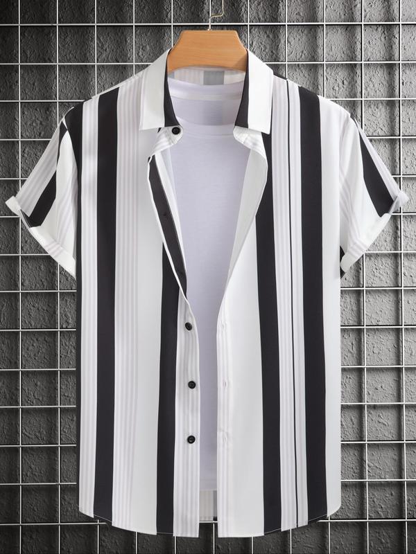 Men's Striped Print Button Front Shirt, Casual Regular Fit Short Sleeve Collared Top for Summer, Fashion Men's Clothes for Daily Wear