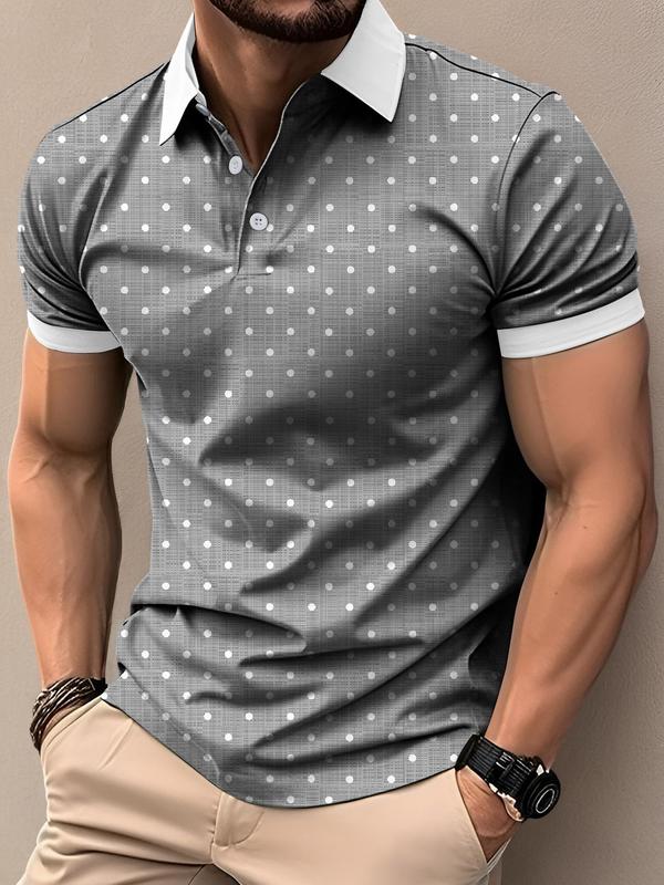 Men's Regular Fit Polka Dot Print Contrast Binding Polo Shirt, Polo Shirts Men, Casual Short Sleeve Button Front Top for Spring & Fall, Fashion Men's Streetwear Clothes for Daily Wear,  Polo Tees,  Polo Clothes