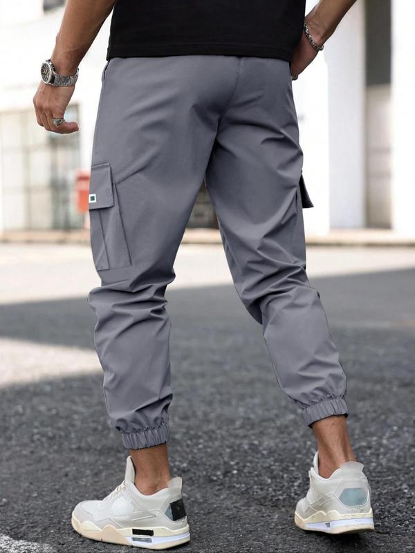 Men's Letter Patched Drawstring Waist Cargo Pants, Pants for Men, Street Fashion Regular Fit Pocket Trousers for Daily Wear, Men's Bottoms for All Seasons