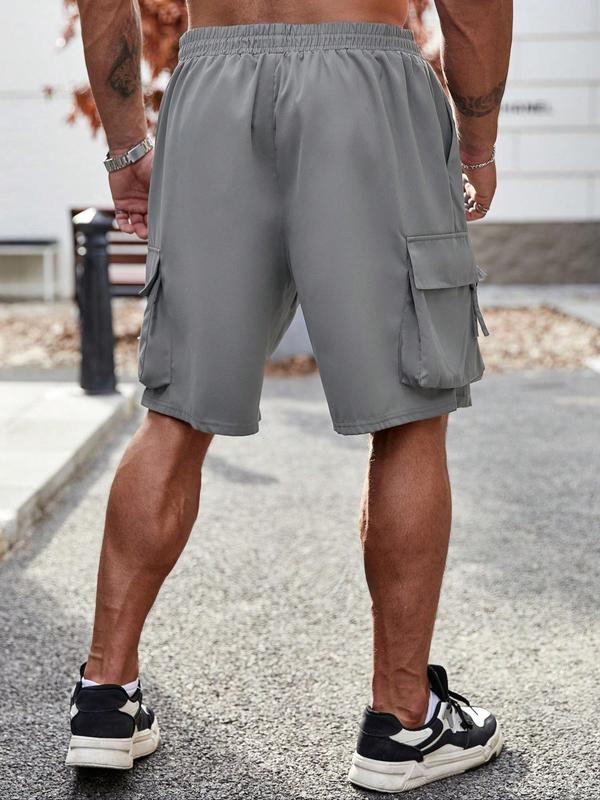  Solid Color Elastic Waist Cargo Shorts, Regular Fit Casual Comfy Pocket Shorts for Daily Wear, Men's Bottoms for All Seasons