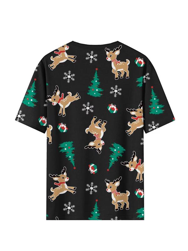 Men's Christmas Reindeer Print Tee & Shorts Loungewear Two-Piece Set, Casual Comfy Round Neck Short Sleeve T-Shirt & Shorts PJ Set, Men's Sleepwear for All Seasons