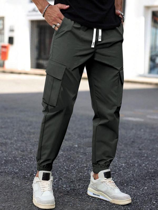 Men's Letter Patched Drawstring Waist Cargo Pants, Pants for Men, Street Fashion Regular Fit Pocket Trousers for Daily Wear, Men's Bottoms for All Seasons