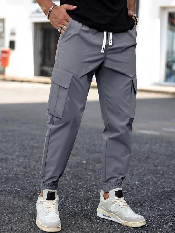 Men's Letter Patched Drawstring Waist Cargo Pants, Pants for Men, Street Fashion Regular Fit Pocket Trousers for Daily Wear, Men's Bottoms for All Seasons