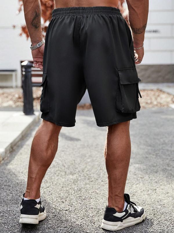  Solid Color Elastic Waist Cargo Shorts, Regular Fit Casual Comfy Pocket Shorts for Daily Wear, Men's Bottoms for All Seasons